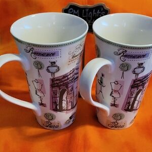 222 Fifth Chic Paris White and Purple Vintage Style Mugs Set of 2